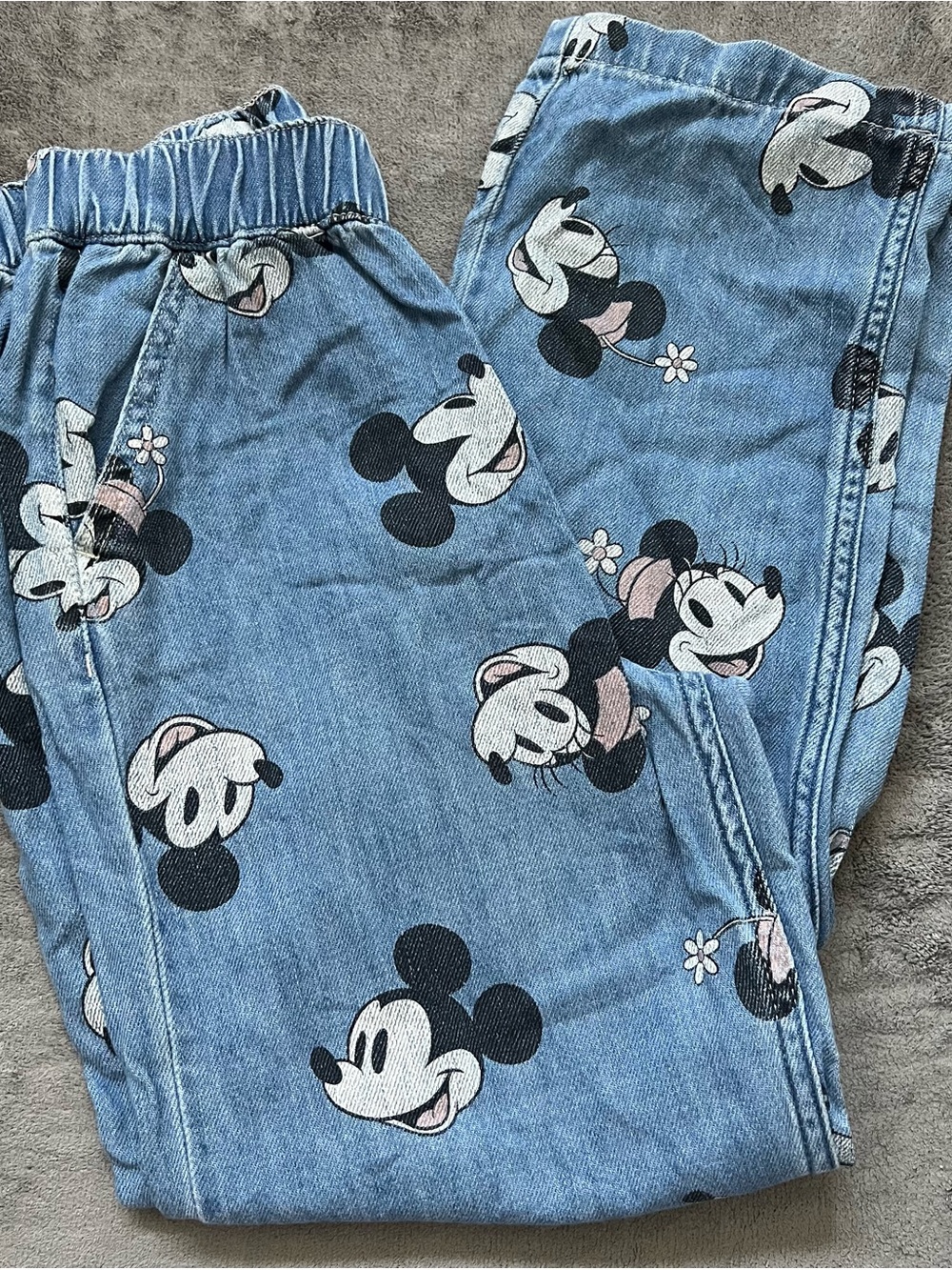 Disney H&M Mickey/Minnie Blue Denim Pull-On Paper Bag Jeans Like New Sizes 7&10